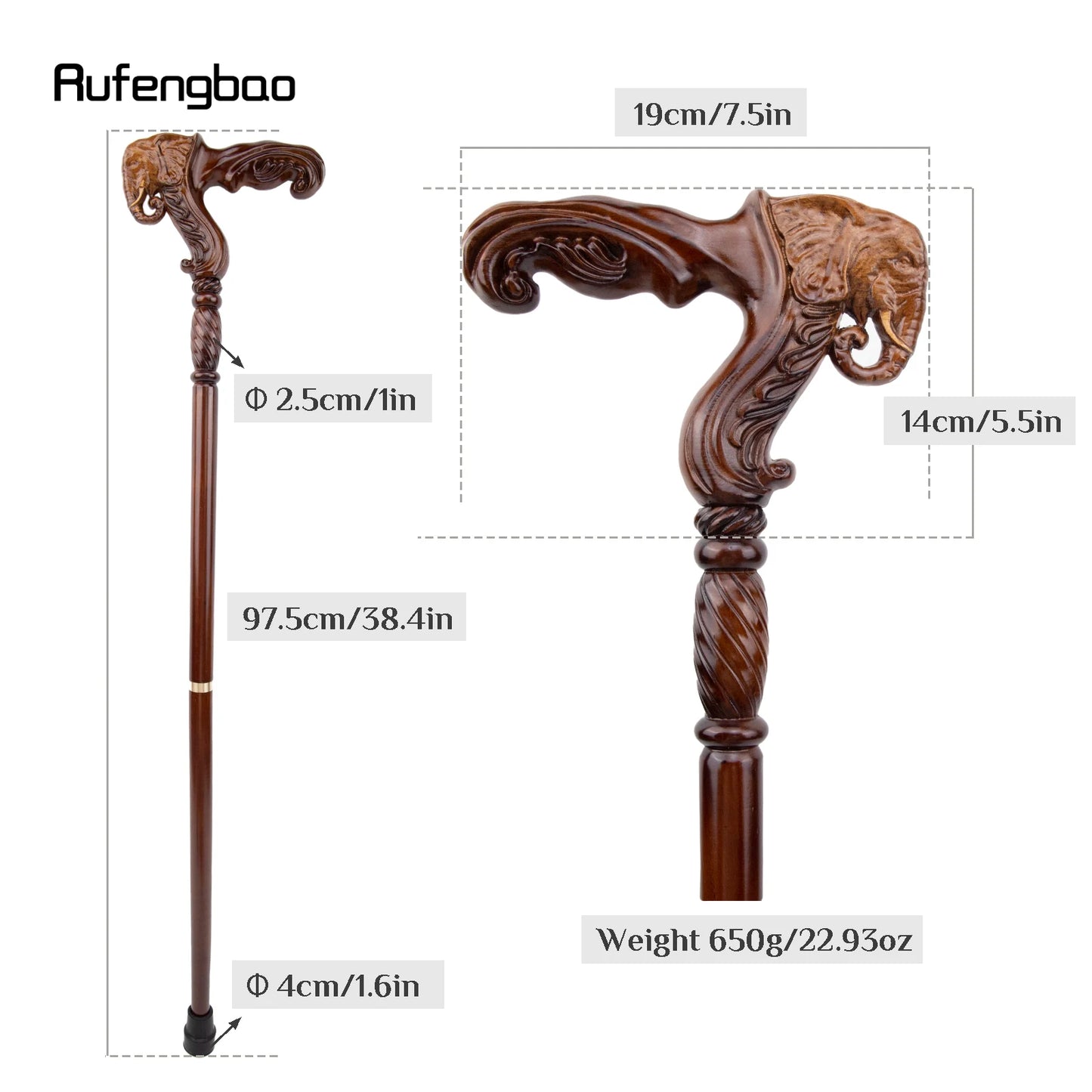 Elephant Brown Decorative Wooden Walking Stick 93cm