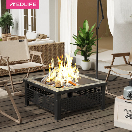 30 Inch Square Fireplace Table w/ Mesh Lid & Fire Poker