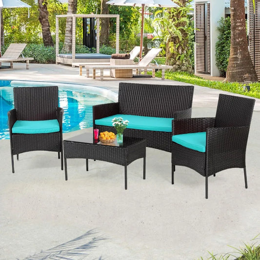 4-Piece Outdoor Wicker Patio Set W/Coffee Table, Seat Cushions