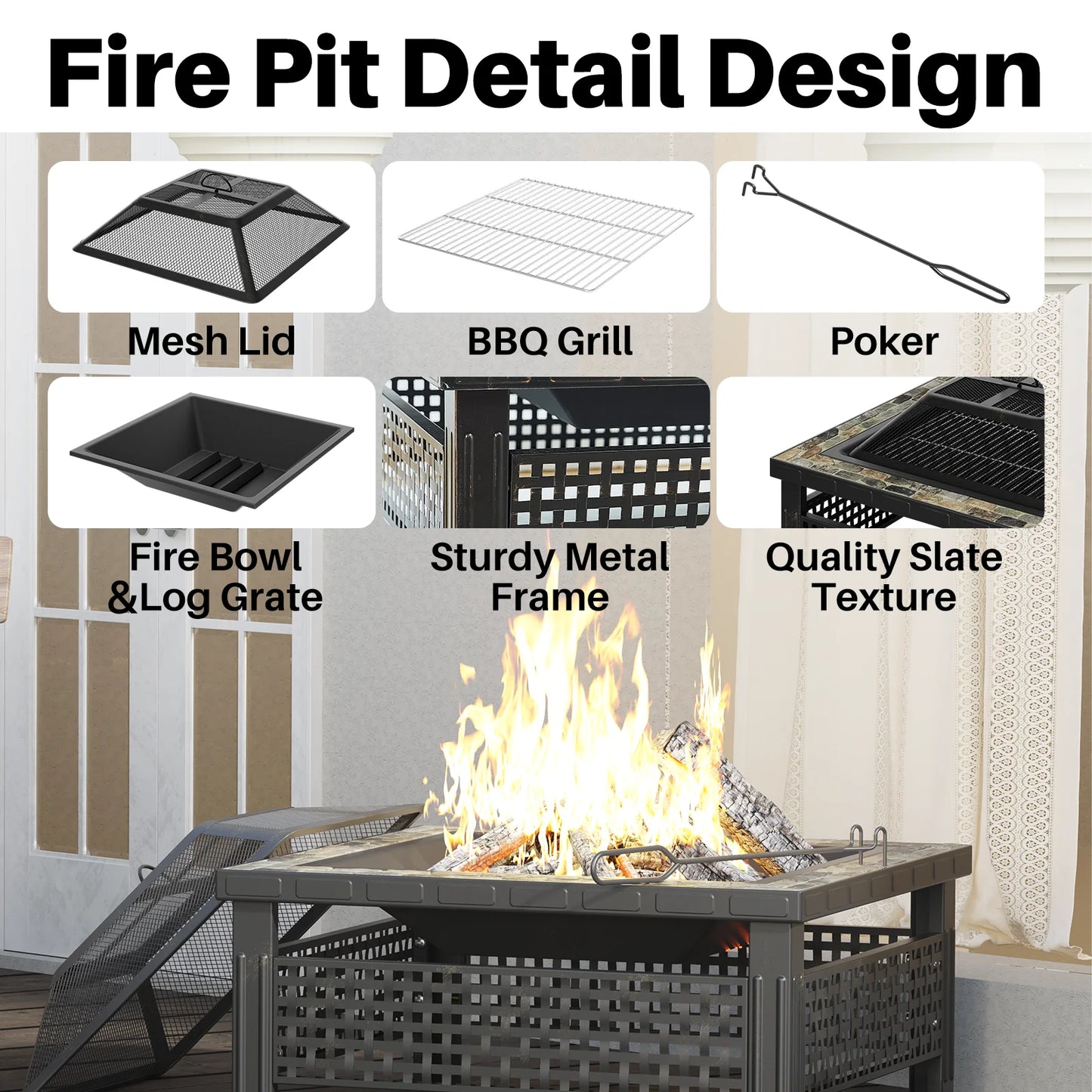 30 Inch Square Fireplace Table w/ Mesh Lid & Fire Poker