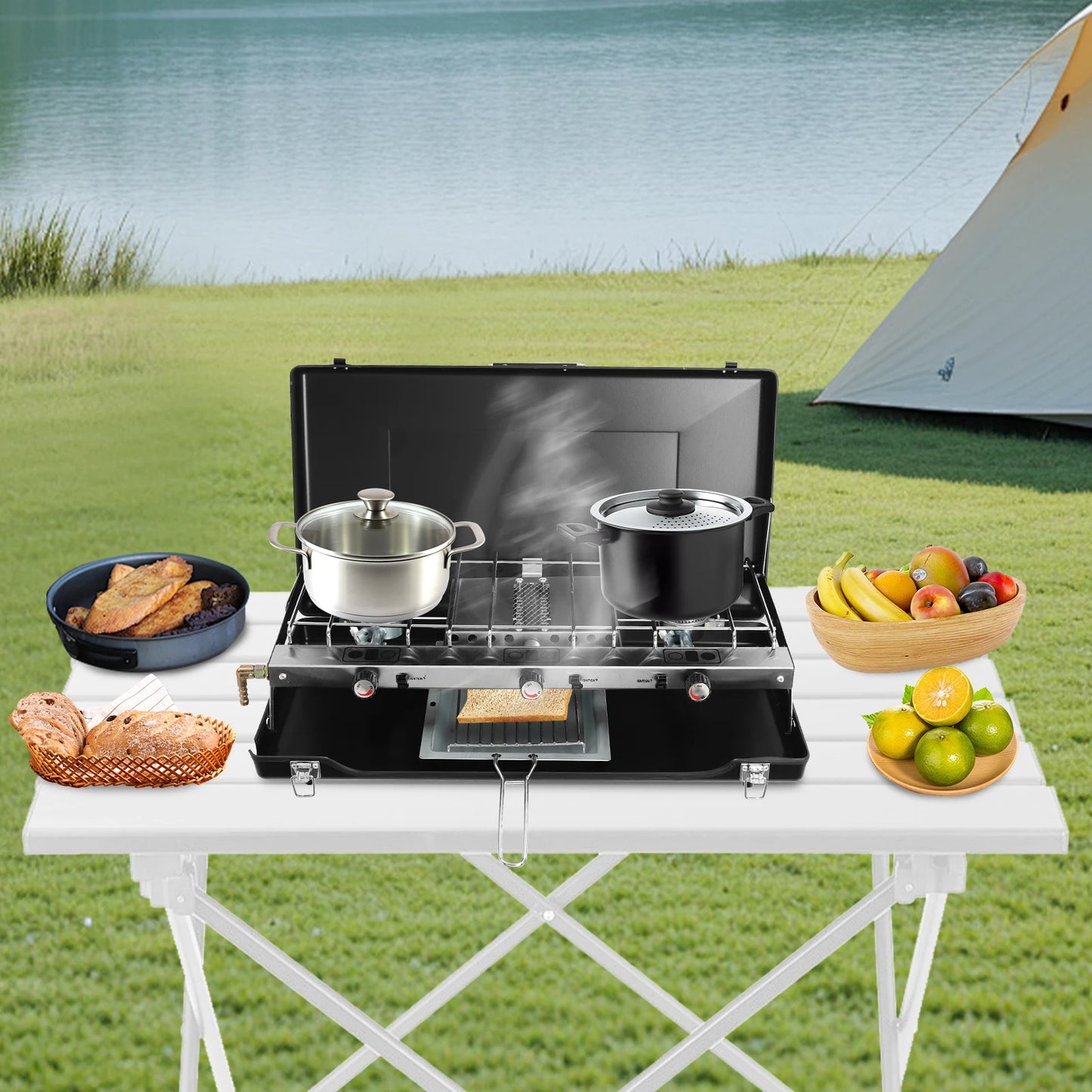 3 Burner Portable Gas Camping Stove W/ Grid + Tray