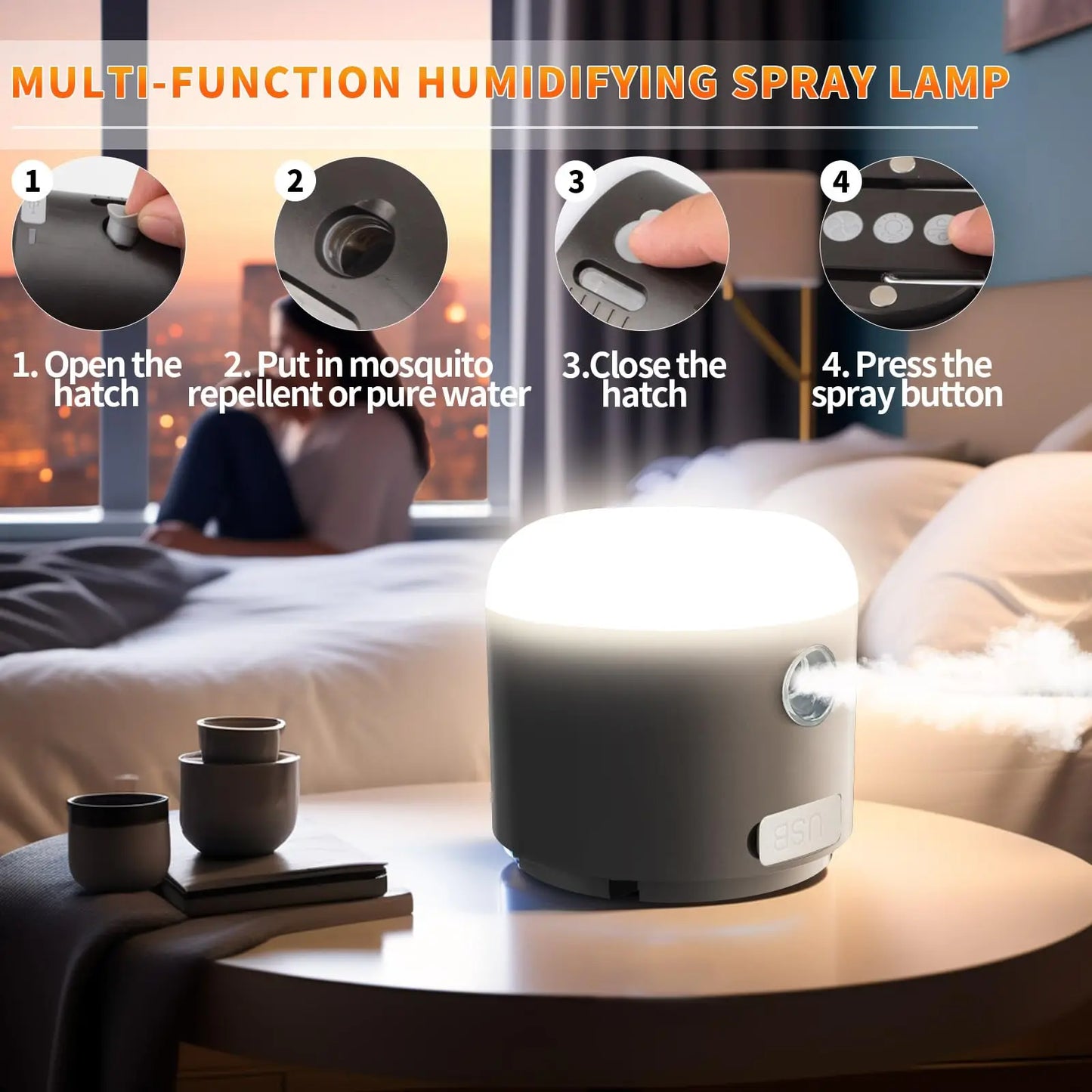 LED Rechargeable Camping Lantern W/Fan, 4 Light Modes, Spray Function