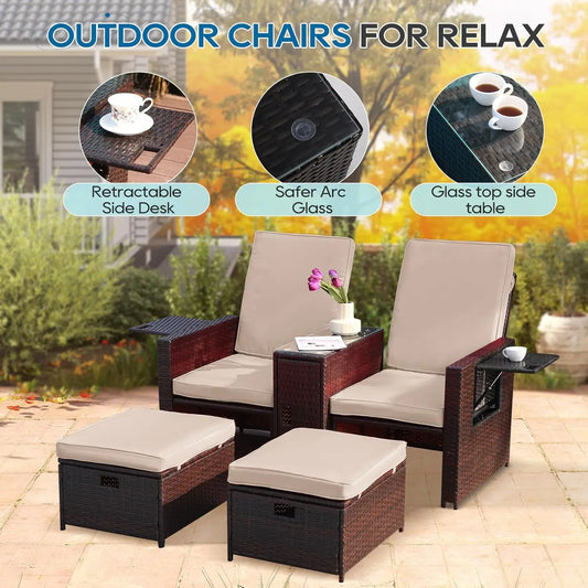 5PCS Wicker Chaise Lounge Set w/Ottoman & Table