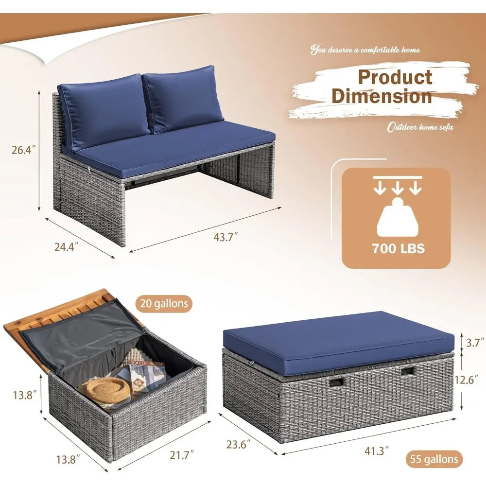 Rattan Lounge Day Bed with 2 Side Tables