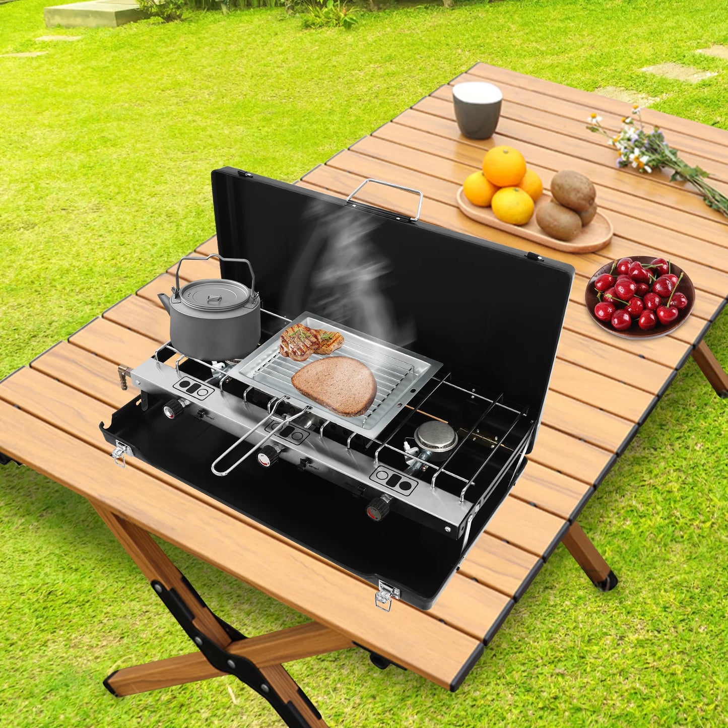 3 Burner Portable Gas Camping Stove W/ Grid + Tray