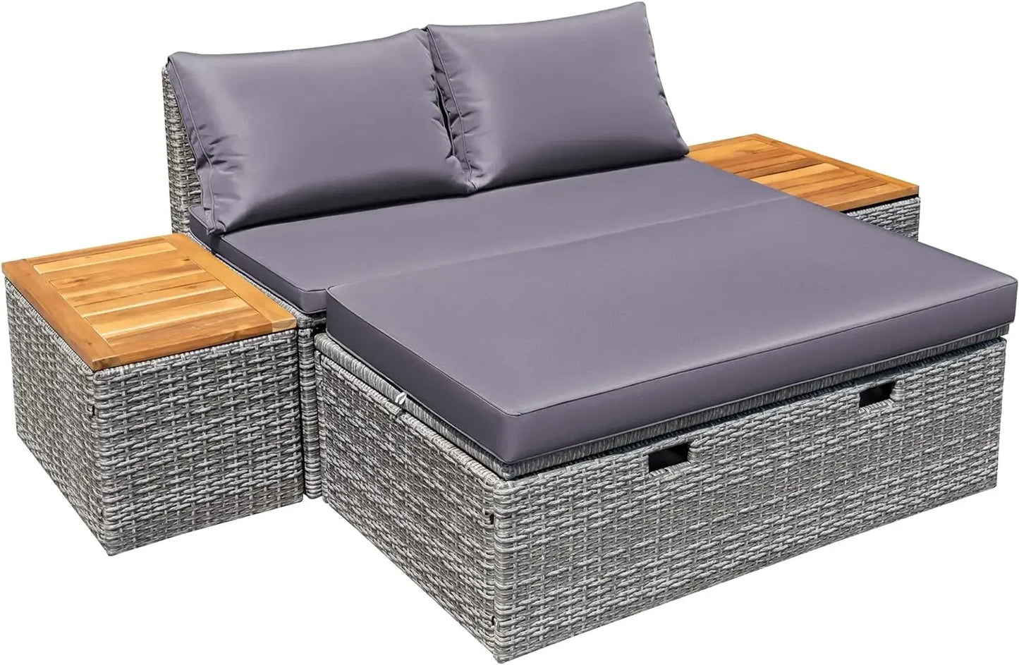 Rattan Lounge Day Bed with 2 Side Tables