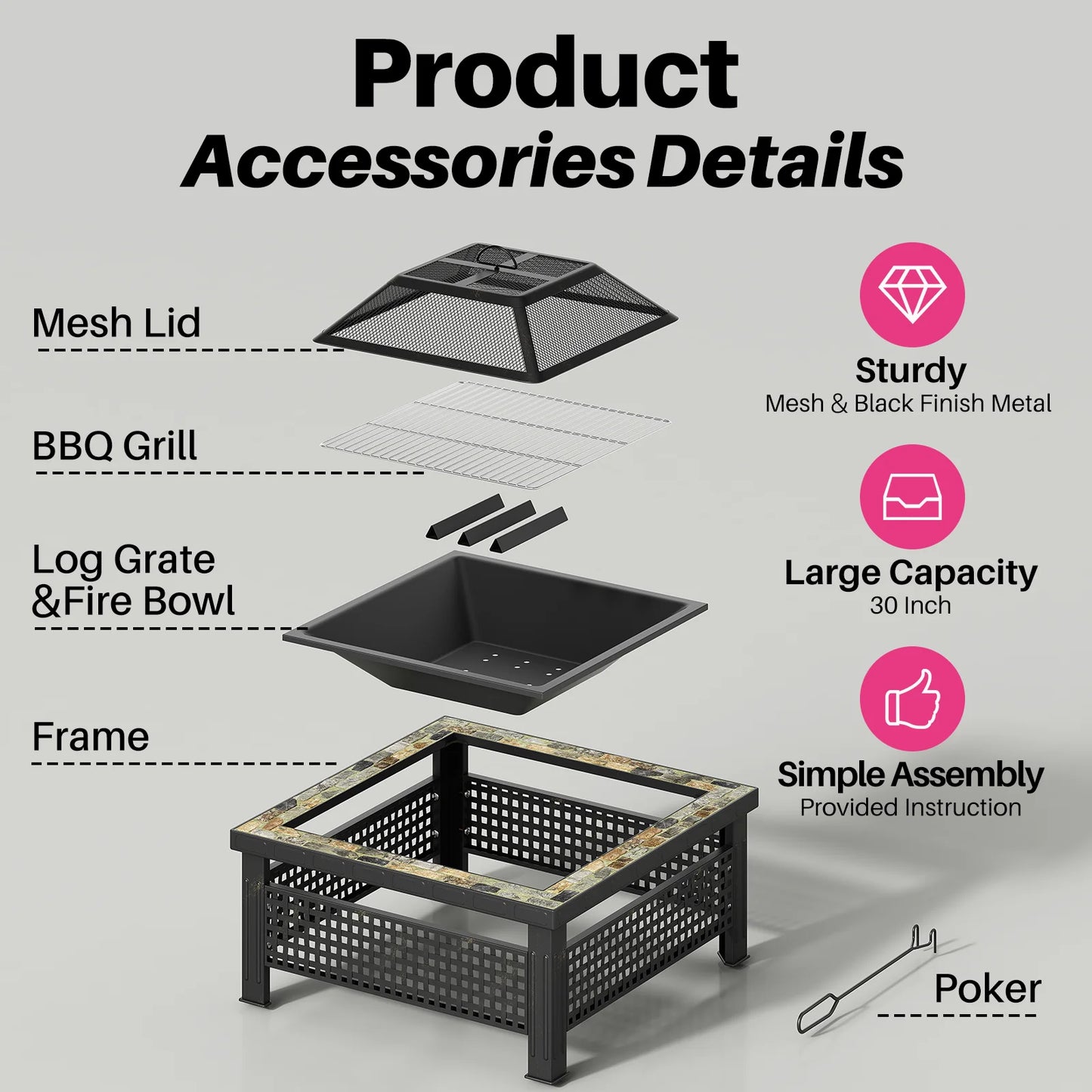 30 Inch Square Fireplace Table w/ Mesh Lid & Fire Poker