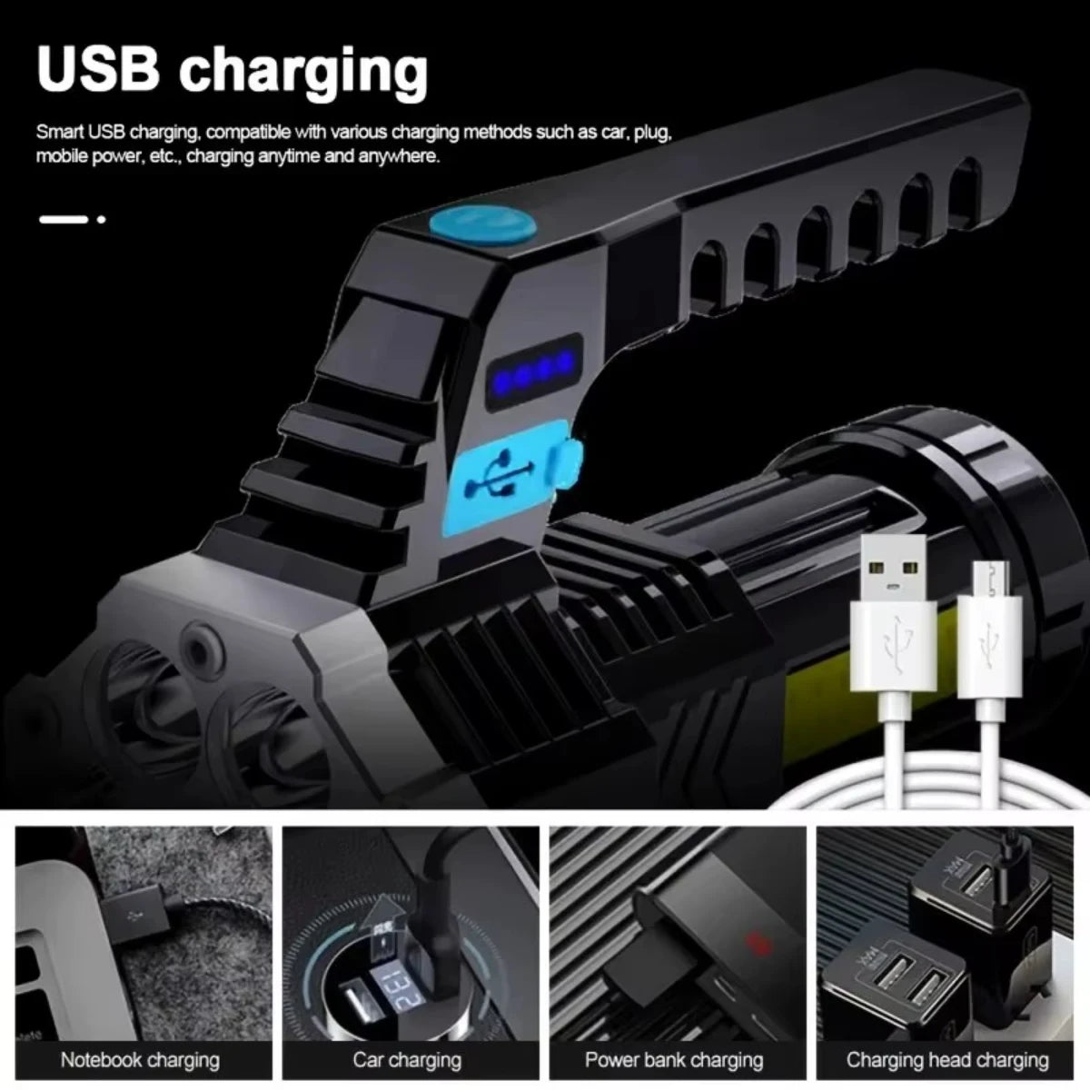 7LED High-Power Flashlight W/USB Charging COB Side Light