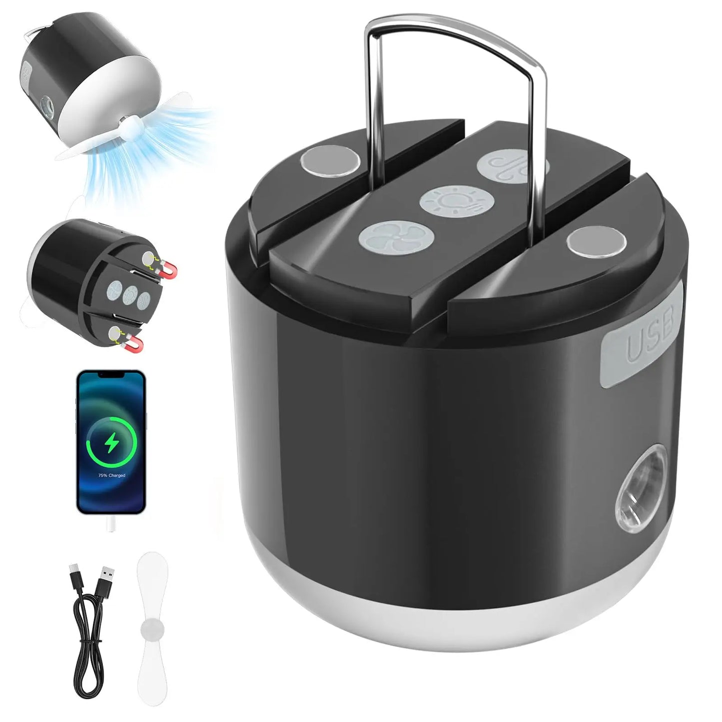 LED Rechargeable Camping Lantern W/Fan, 4 Light Modes, Spray Function