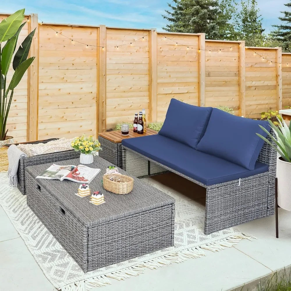 Rattan Lounge Day Bed with 2 Side Tables