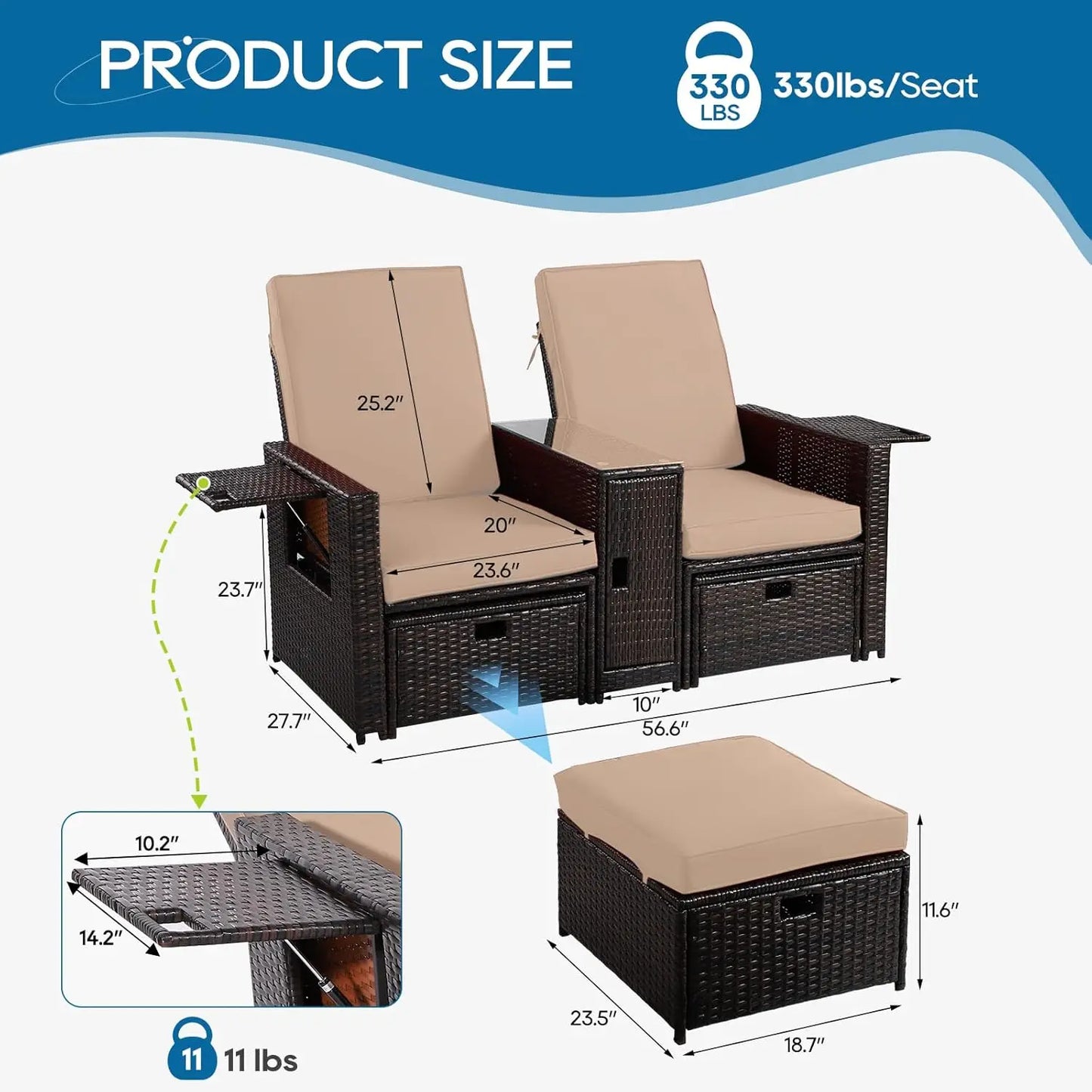 5PCS Wicker Chaise Lounge Set w/Ottoman & Table