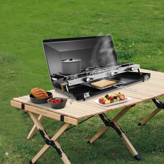 3 Burner Portable Gas Camping Stove W/ Grid + Tray