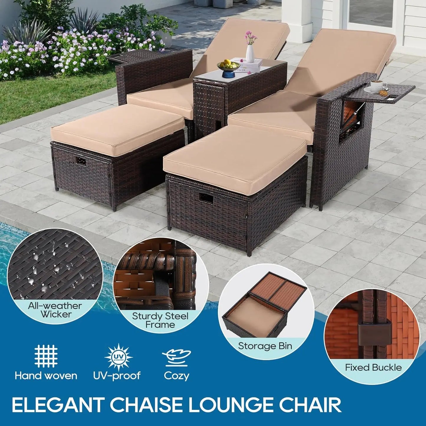 5PCS Wicker Chaise Lounge Set w/Ottoman & Table