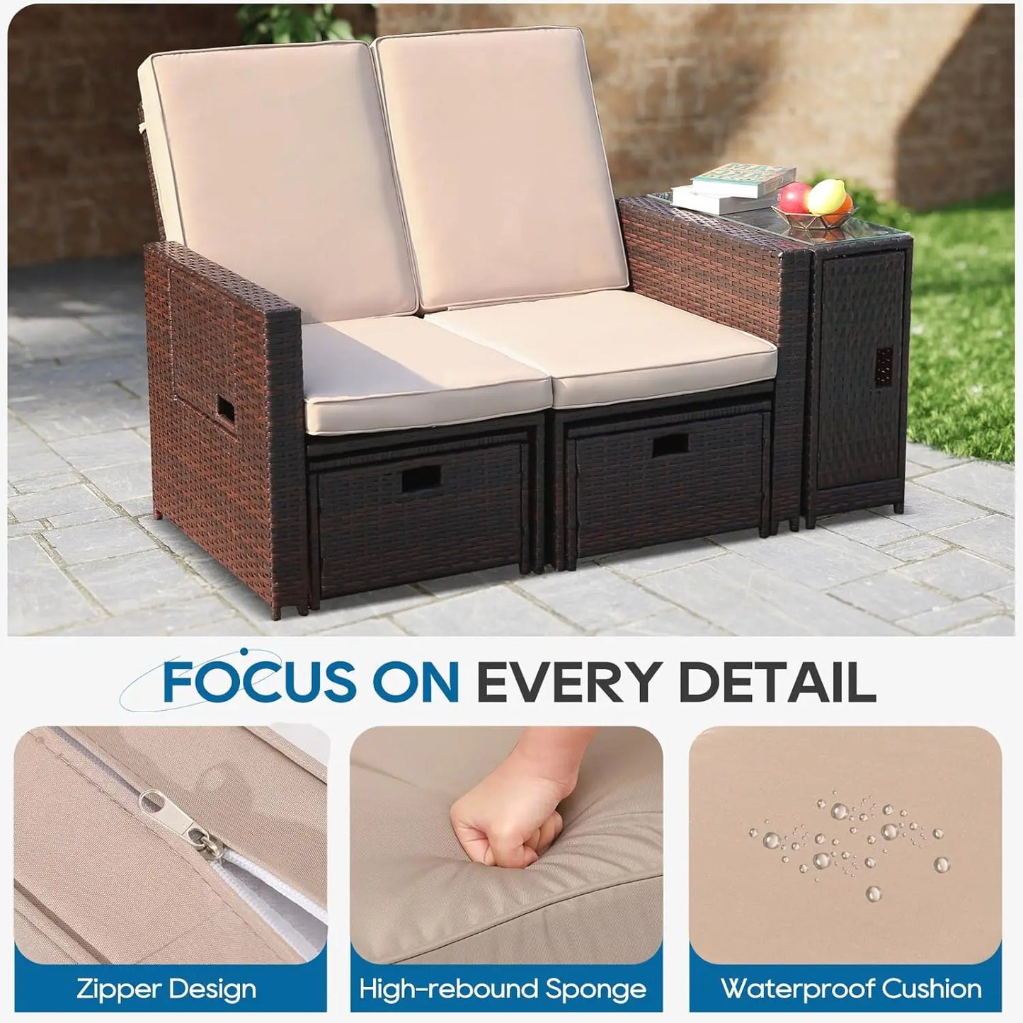 5PCS Wicker Chaise Lounge Set w/Ottoman & Table