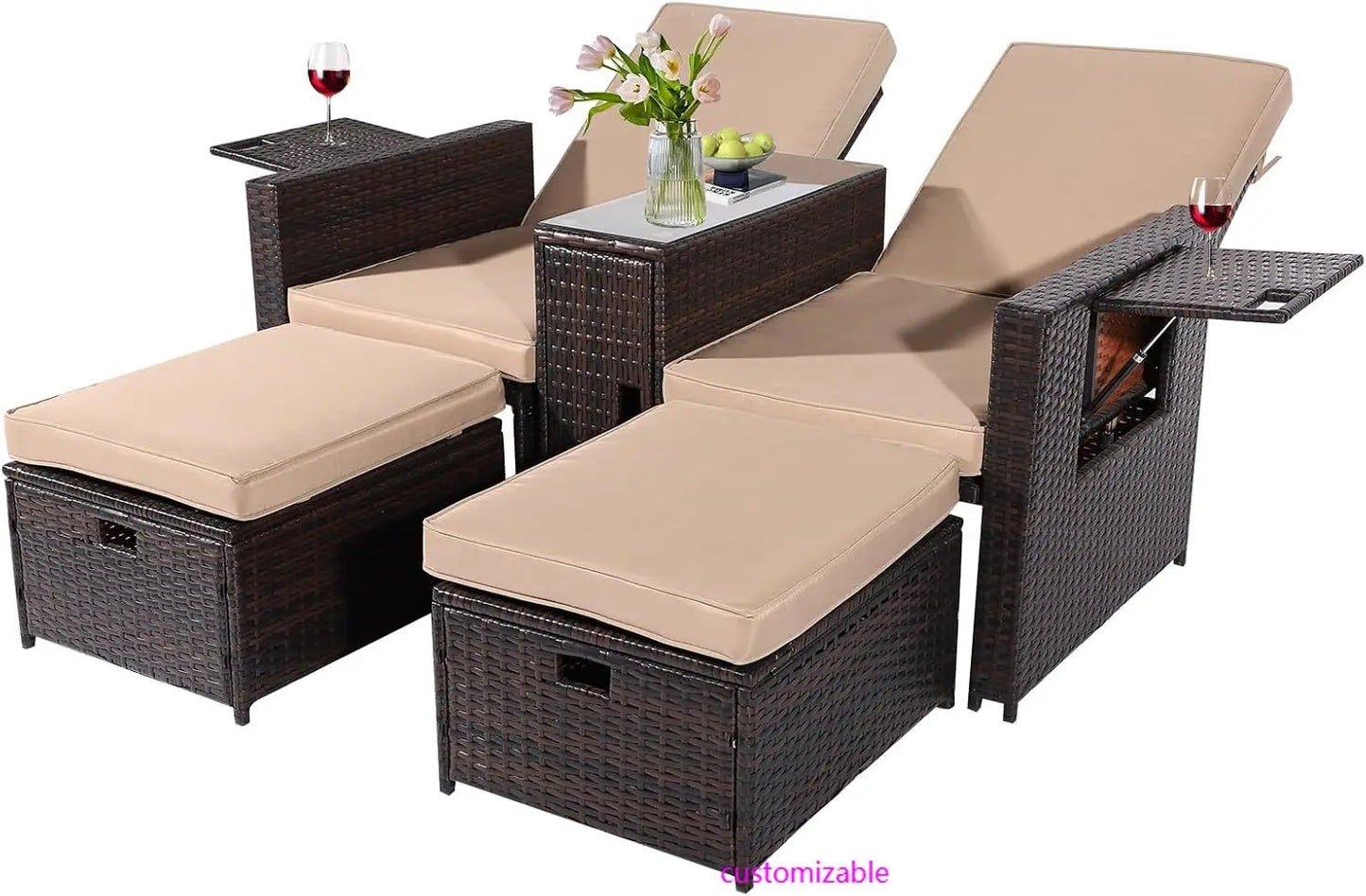 5PCS Wicker Chaise Lounge Set w/Ottoman & Table