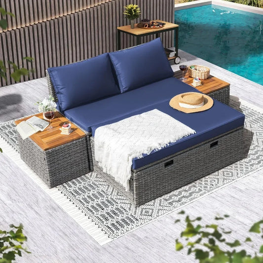 Rattan Lounge Day Bed with 2 Side Tables
